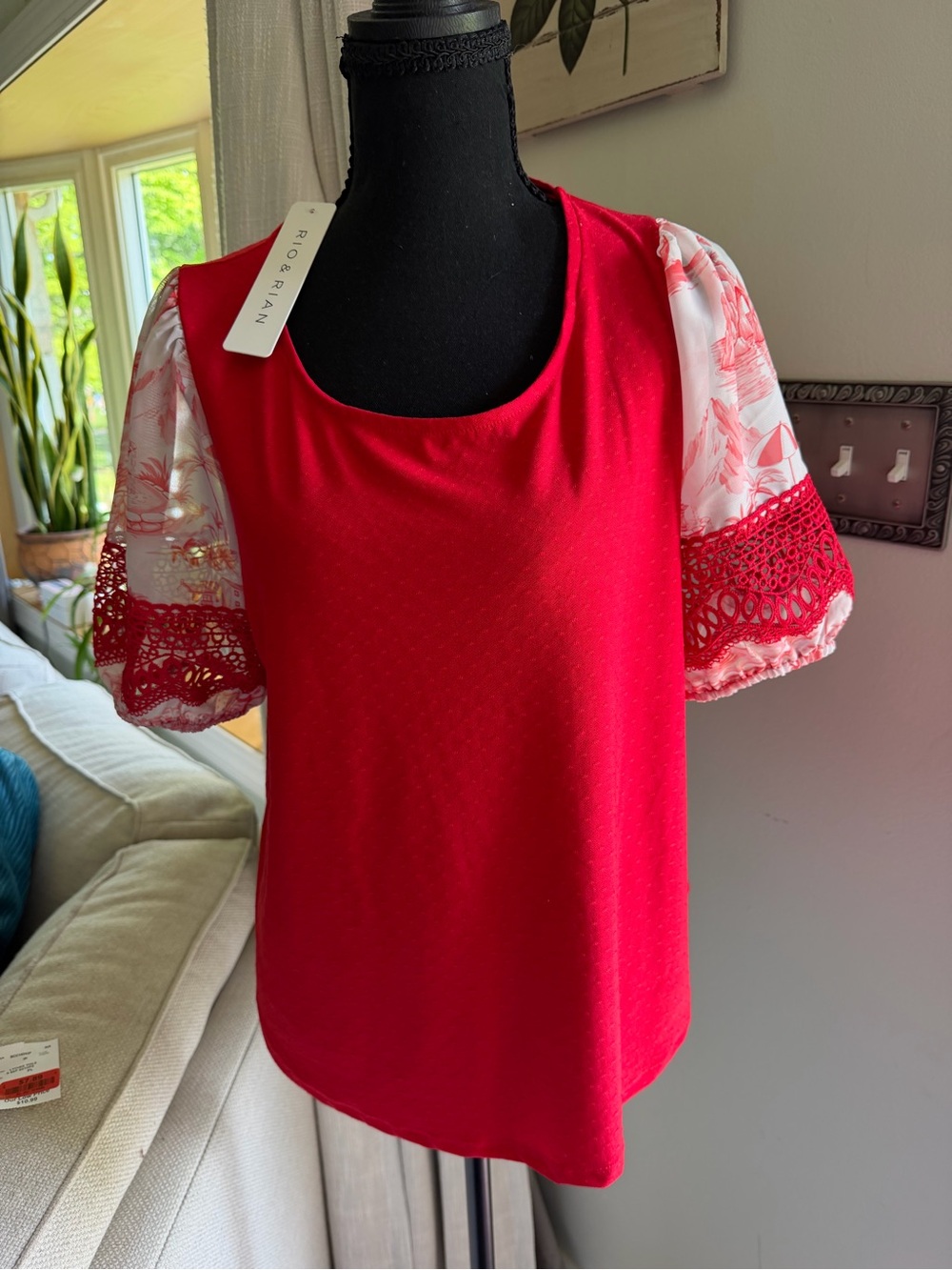 Red Puff-Sleeve Blouse with Crochet Trim
